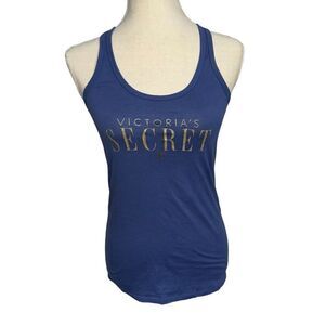 Victoria secret Solid Blue Gold writing criss cross back sleeveless tank top S